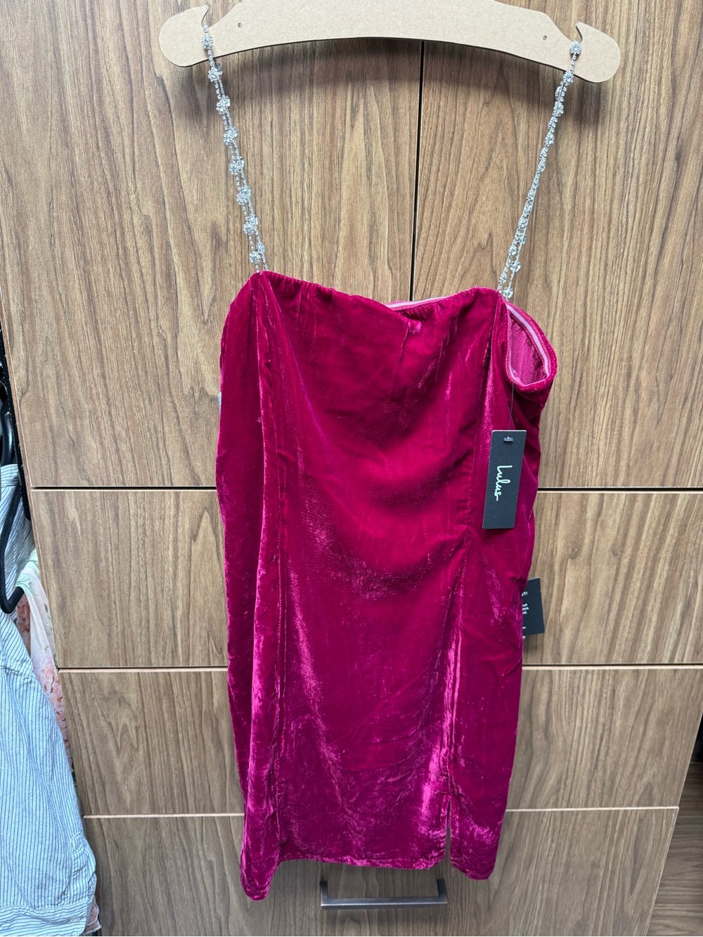 Lulu’s Pink Velvet Rhinestone Strap Mini Dress, NWT